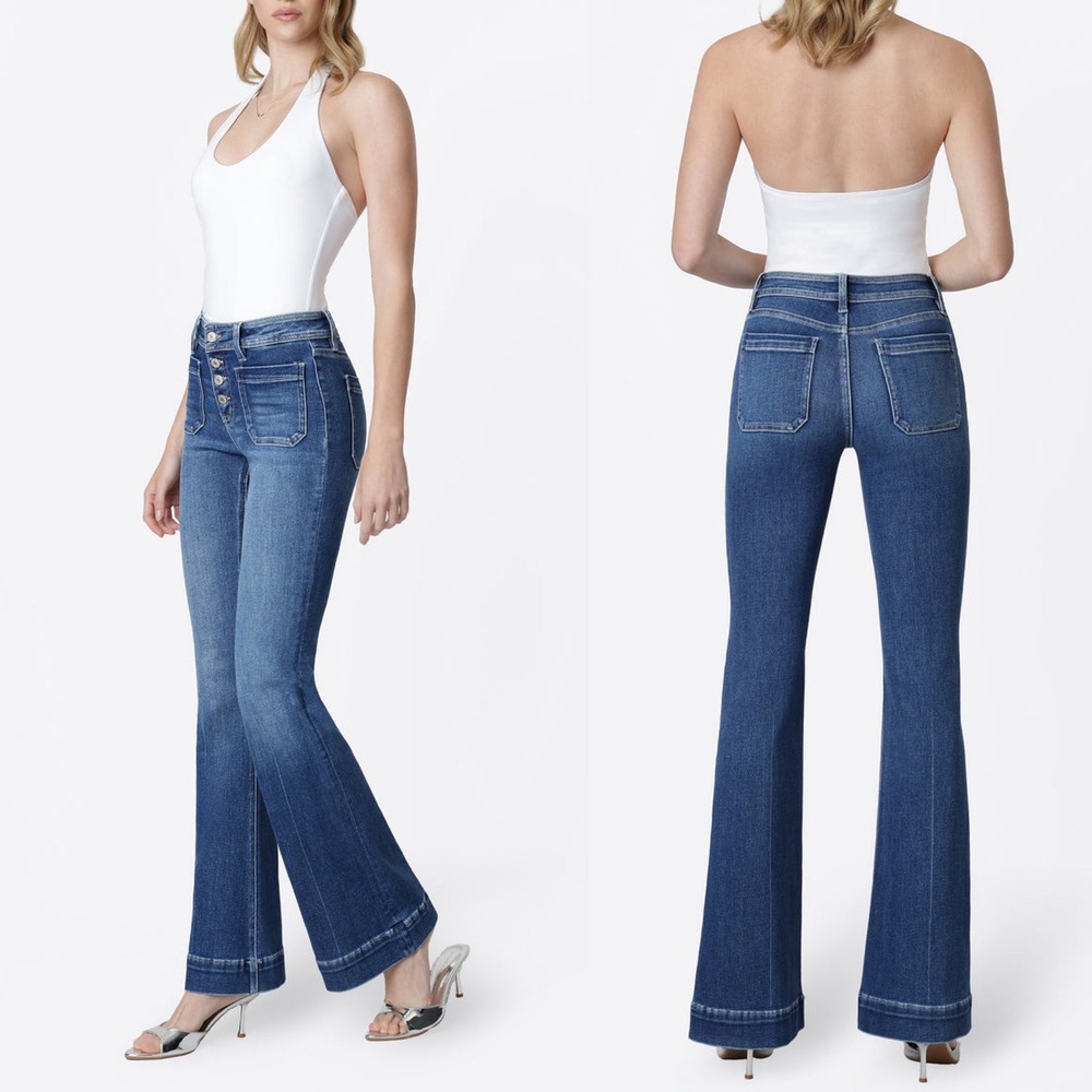 Vervet Alison Mid Rise Trouser Flare Jeans Button Fly Patch Pockets Size 32